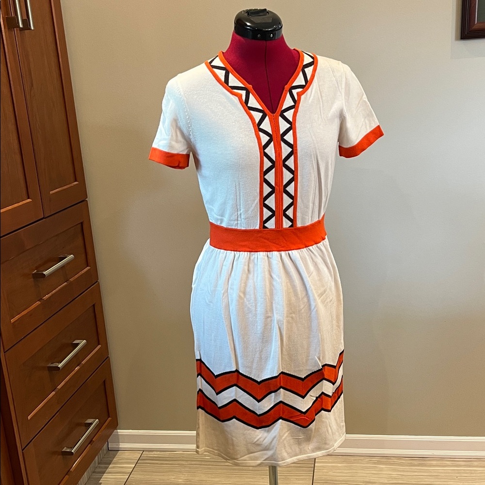 BOLD 🧡 Vintage Milly of New York Geometric Knit Fit & Flare Midi Dress Sz XS
